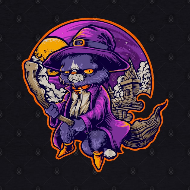 Cat Witch Flying on a Broom Halloween Theme Design by FilsonDesigns